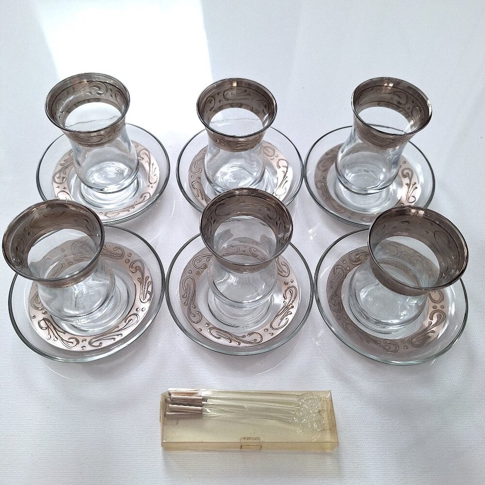 Turkish Glass Tea Set with Silver Designs Never Used